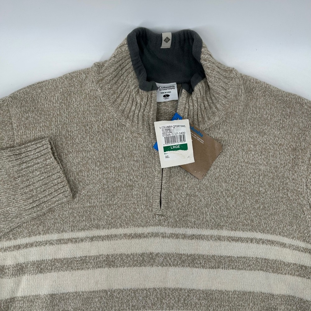 Columbia 1/2 Zip Sweater Mens Large Tan Striped Wool Blend NWT AM2860 Outdoor